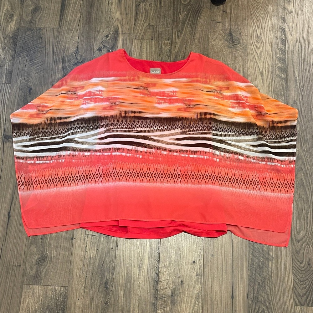 Chicos Womens Size 1 Red Orange Abstract Tribal Print Layered Poncho Tank Top